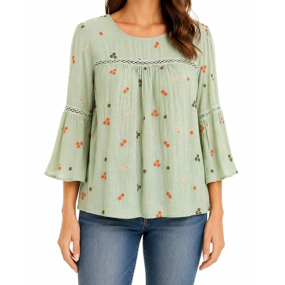 Fig Flower Plus Size 1X Blouse Top Sage Green Floral Embroidered Bell Sleeve